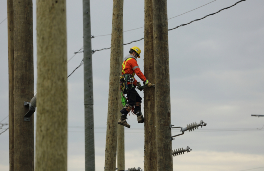 Powerline worker on pole