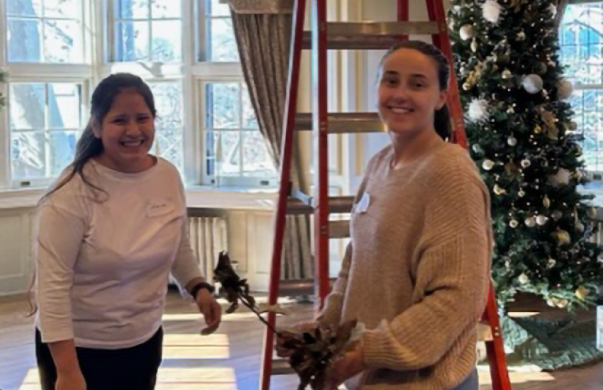 Girls with ladder to hang decorations